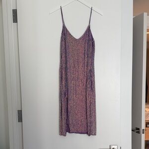 Retrofete- Shimmery Purple Midi Slip Dress with Spaghetti Straps